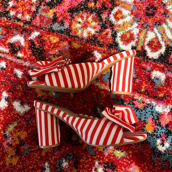 NWOT Red & White Striped Bows Peep Toe Heeled Mules - From Spain! - Size 37 6.5 - Picture 3 of 4
